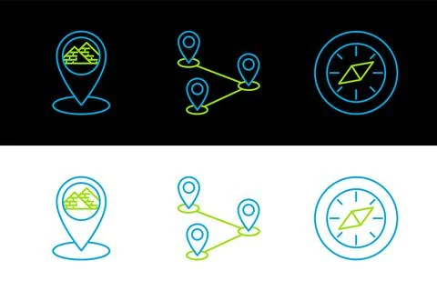 Set line Compass, Map pointer with Egypt pyramids and Route location icon. .. Stock Illustration