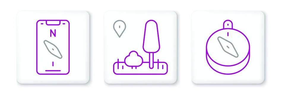 Set line Compass, on mobile and City map navigation icon. Vector Stock Illustration