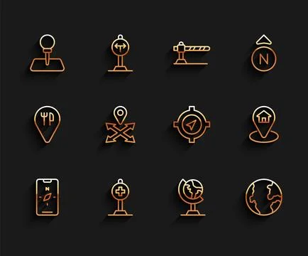 Set line Compass on mobile, Location with cross hospital, Push pin, Earth g.. Illustrazione stock