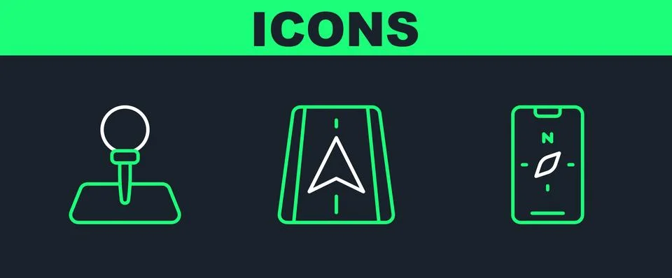 Set line Compass on mobile, Push pin and City map navigation icon. Vector 스톡 일러스트