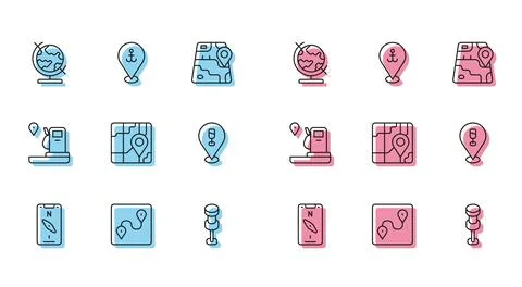 Set line Compass on mobile, Route location, Earth globe, Push pin, City map Stock Illustration