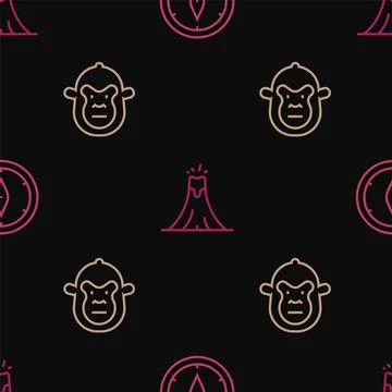 Set line Compass, Monkey and Volcano eruption on seamless pattern. Vector Illustrazione stock