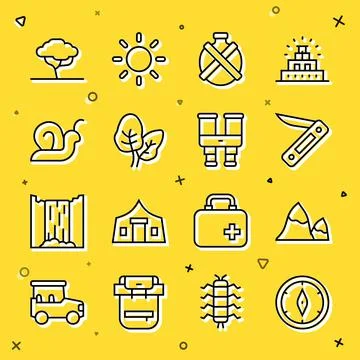 Set line Compass, Mountains, Swiss army knife, Canteen water bottle, Tropical イラスト素材