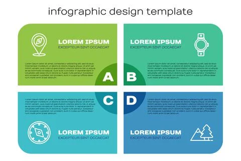 Set line Compass, , Mountains with tree and Smartwatch. Business infographic Illustrazione stock