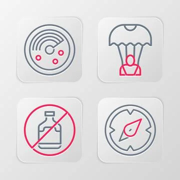 Set line Compass, No alcohol, Parachute and Radar with targets on monitor icon Stock Illustration