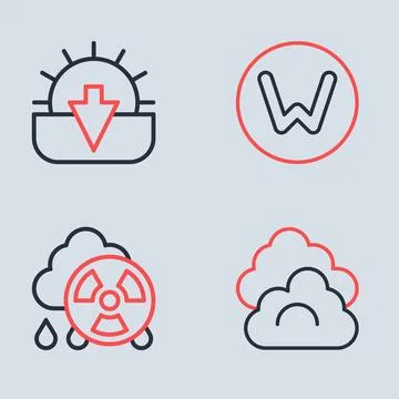 Set line Compass north, Acid rain radioactive cloud, Cloud and Sunset icon... Stock Illustration