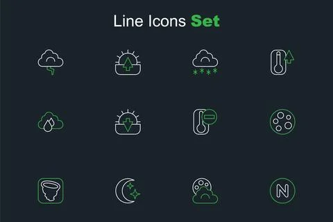 Set line Compass north, Cloud with moon, Moon and stars, Tornado, Thermomet.. Stock Illustration