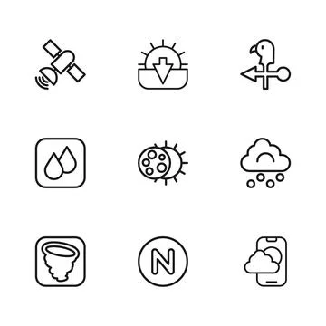 Set line Compass north, Hail cloud, Weather forecast app, Eclipse of sun, R.. Stock Illustration