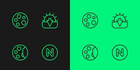 Set line Compass north, Moon phases, and Sunset icon. Vector Stock Illustration