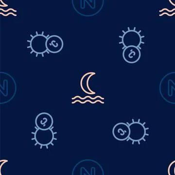 Set line Compass north, Sun and Night fog smoke on seamless pattern. Vector Stock Illustration