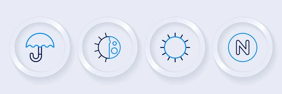 Set line Compass north, Sun, Day night cycle and Umbrella icon. Vector Stock Illustration