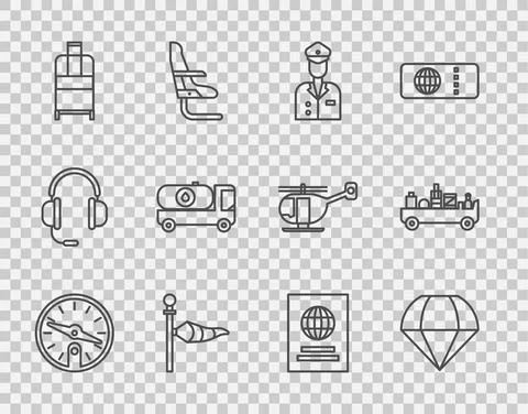 Set line Compass, Parachute, Pilot, Cone meteorology windsock wind vane Illustrazione stock