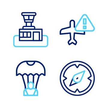Set line Compass, Parachute, Warning aircraft and Airport control tower icon Stock Illustration