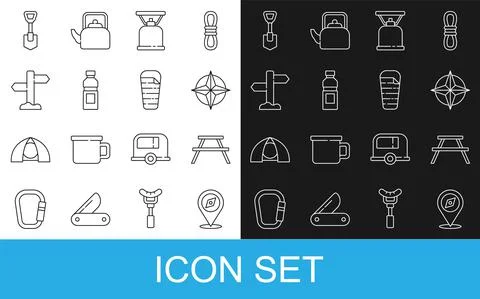 Set line Compass, Picnic table with benches, Wind rose, Camping gas stove Illustration