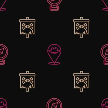 Set line Compass, Pirate flag and Location pirate on seamless pattern. Vector Stock Illustration