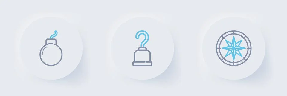 Set line Compass, Pirate hook and Bomb ready to explode icon. Vector Stock Illustration