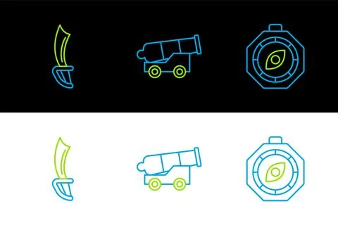 Set line Compass, Pirate sword and Cannon icon. Vector Stock Illustration