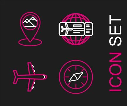 Set line Compass, Plane, Airline ticket and Map pointer with mountain icon Stock Illustration