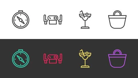 Set line Compass, Poker table, Cocktail and Beach bag on black and white. V.. Illustrazione stock