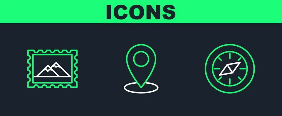 Set line Compass, Postal stamp and Mountains and Map pin icon. Vector 스톡 일러스트