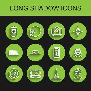 Set line Compass, Postal stamp and Mountains, Passport with ticket, Eiffel to Ilustración de archivo