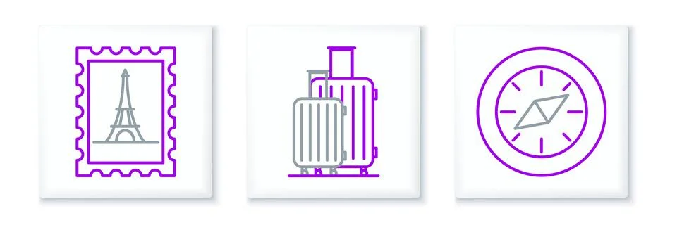 Set line Compass, Postal stamp and Eiffel tower and Suitcase for travel ico.. 스톡 일러스트