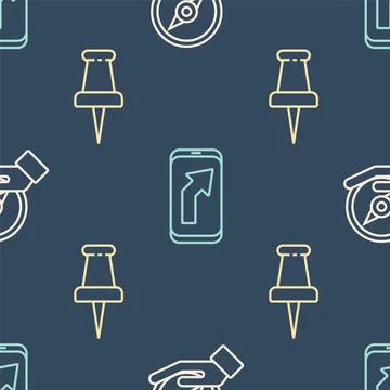 Set line Compass, Push pin and City map navigation on seamless pattern. Vector Illustrazione stock