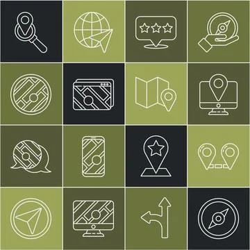 Set line Compass, Route location, Monitor with marker, Map pointer star Stock Illustration