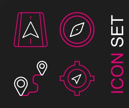 Set line Compass, Route location,  and City map navigation icon. Vector 스톡 일러스트