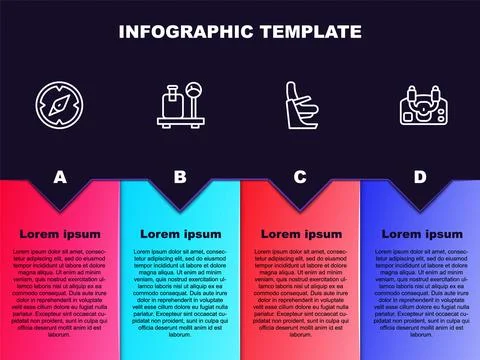 Set line Compass, Scale with suitcase, Airplane seat and Aircraft steering helm 스톡 일러스트