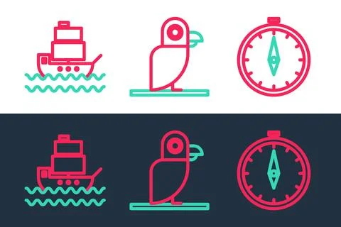 Set line Compass, Ship and Pirate parrot icon. Vector イラスト素材
