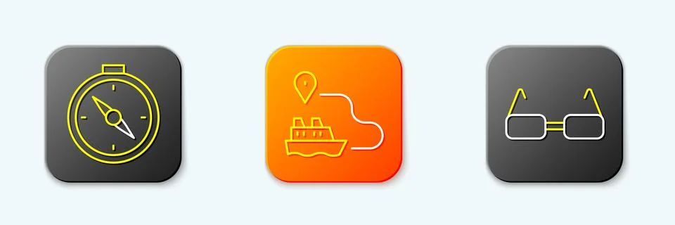 Set line Compass, Ship line path and Glasses icon. Vector Stockillustratie