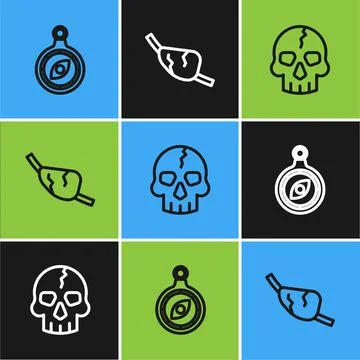 Set line Compass, Skull and Pirate eye patch icon. Vector Stock Illustration