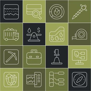 Set line Compass, Soil analysis, Roulette construction, Oil money, Mining d.. Stock Illustration