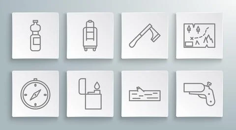 Set line Compass, Suitcase, Lighter, Wooden log, Flare gun pistol, axe, Folded Stock Illustration