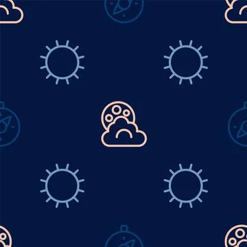 Set line Compass, Sun and Cloud with moon on seamless pattern. Vector 스톡 일러스트