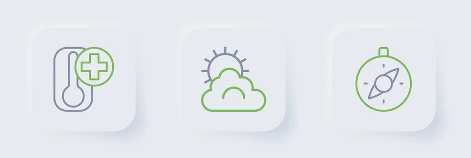 Set line Compass, Sun and cloud weather and Thermometer icon. Vector Illustrazione stock