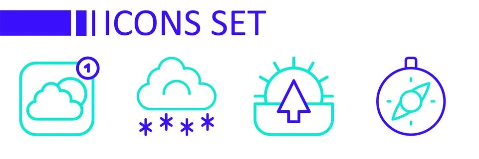 Set line Compass, Sunrise, Cloud with snow and Weather forecast app icon. V.. Stock Illustration