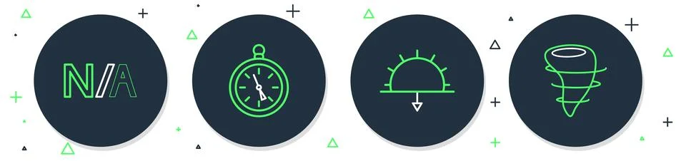 Set line Compass, Sunset, Not applicable and Tornado icon. Vector Illustrazione stock