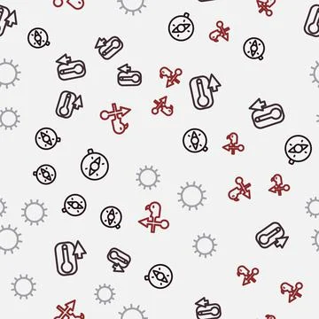 Set line Compass, Thermometer, Sun and Rooster weather vane on seamless pattern Stock Illustration