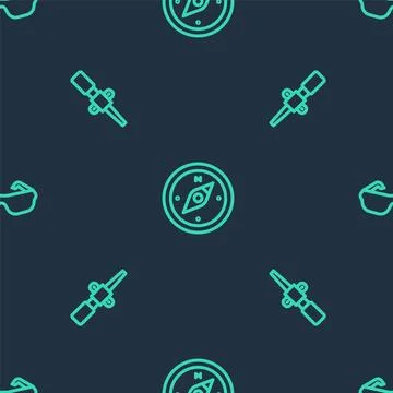 Set line Compass, Torch flame and Glasses on seamless pattern. Vector Stock Illustration