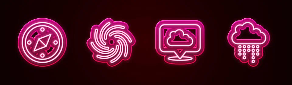 Set line Compass, Tornado, Location cloud and Cloud with rain. Glowing neon icon Stock Illustration