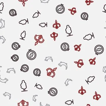 Set line Compass, Tree, Hunting horn and Medieval bow and arrow on seamless Illustrazione stock