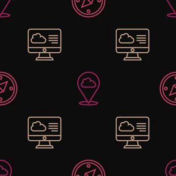 Set line Compass, Weather forecast and Location cloud on seamless pattern Illustrazione stock