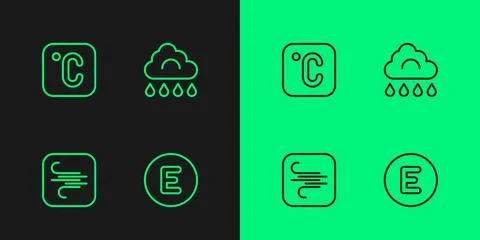 Set line Compass west, Wind, Celsius and Cloud with rain icon. Vector Illustrazione stock