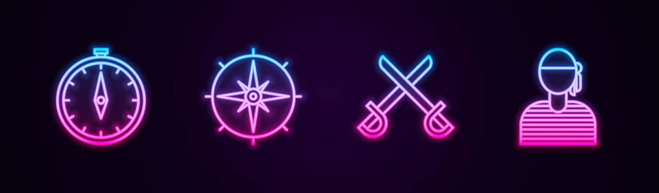 Set line Compass, Wind rose, Crossed pirate swords and Sailor captain. Glowing Stock Illustration