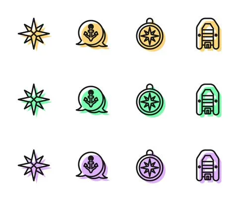 Set line Compass, Wind rose, Anchor and Inflatable boat with motor icon. Vector Stock Illustration