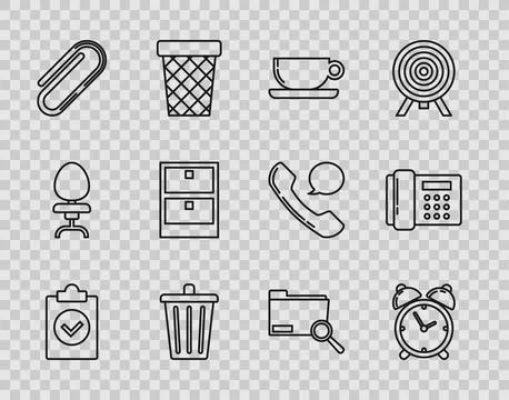 Set line Completed task, Alarm clock, Coffee cup flat, Trash can, Paper clip Stock Illustration
