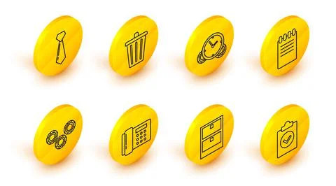 Set line Completed task, Archive papers drawer, Telephone, Gear, Notebook, Time Stock Illustration