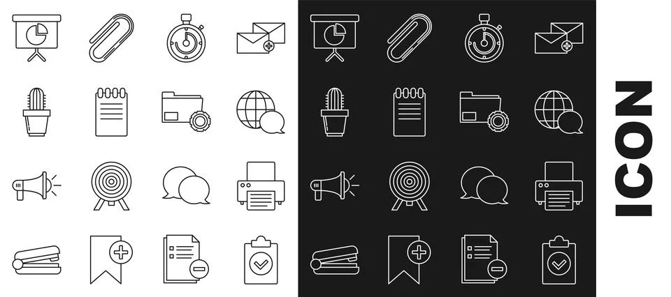 Set line Completed task, Briefcase, Notebook, Cactus and succulent pot Illustrazione stock